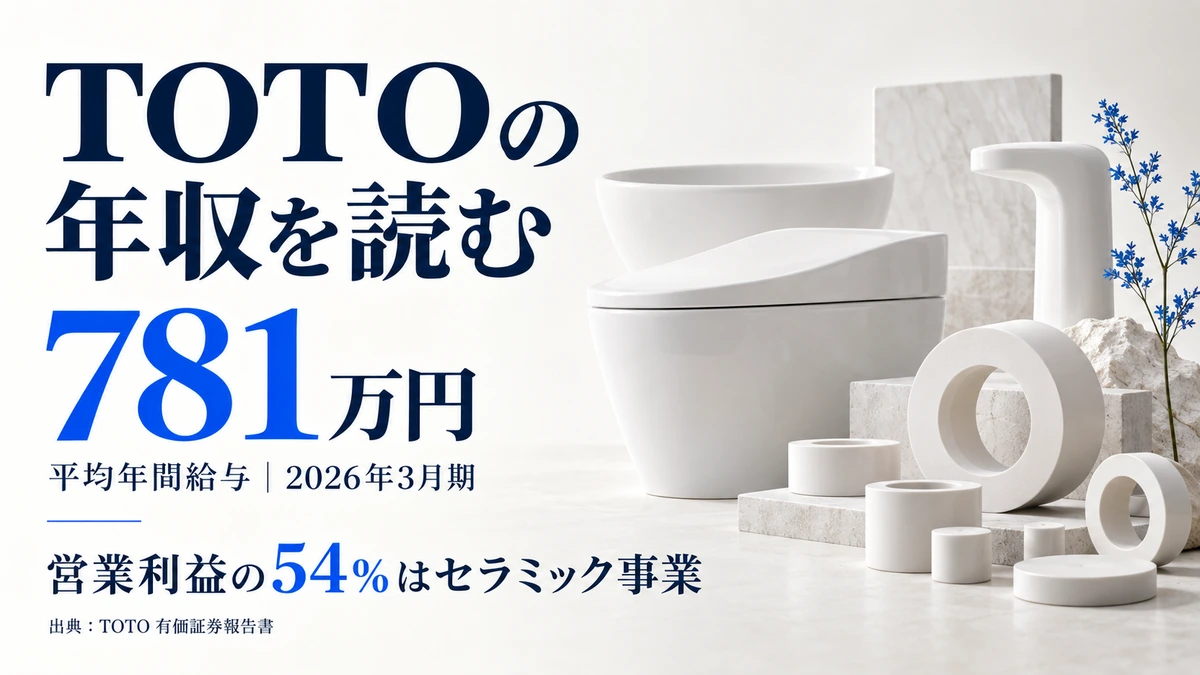 TOTOの平均年収781万円と、営業利益の54%をセラミック事業が稼いでいることを示したアイキャッチ画像