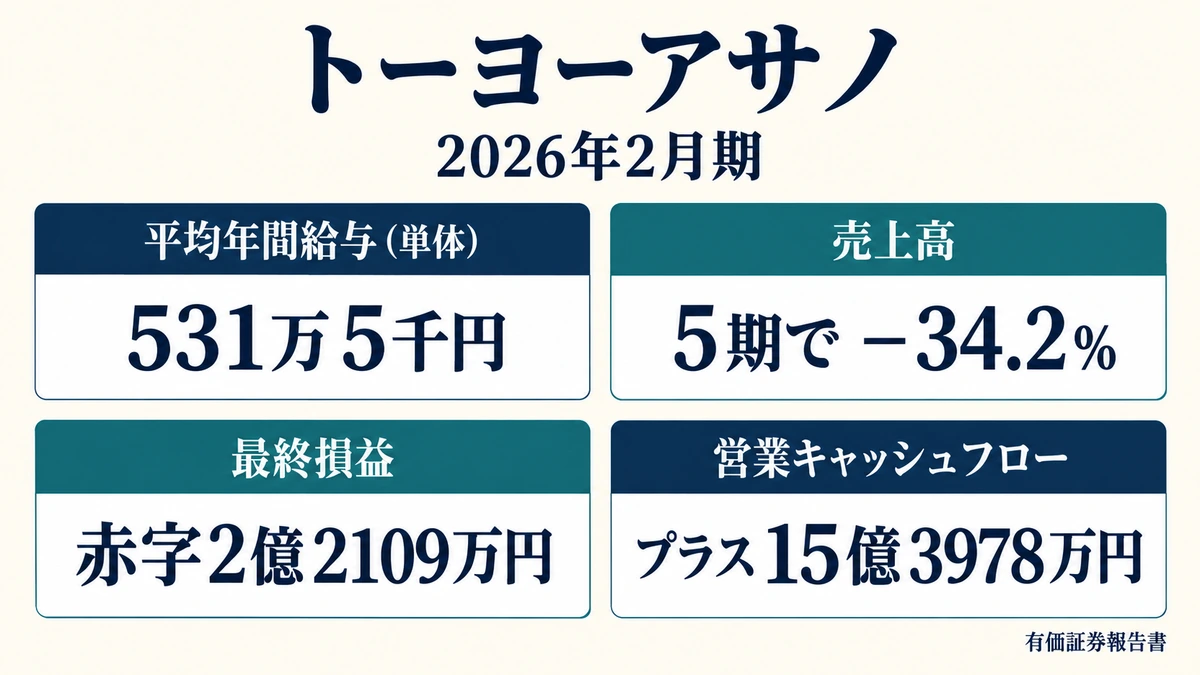 トーヨーアサノの平均年収531万5千円と売上34.2%減・最終赤字・営業キャッシュフロー改善を示したアイキャッチ画像