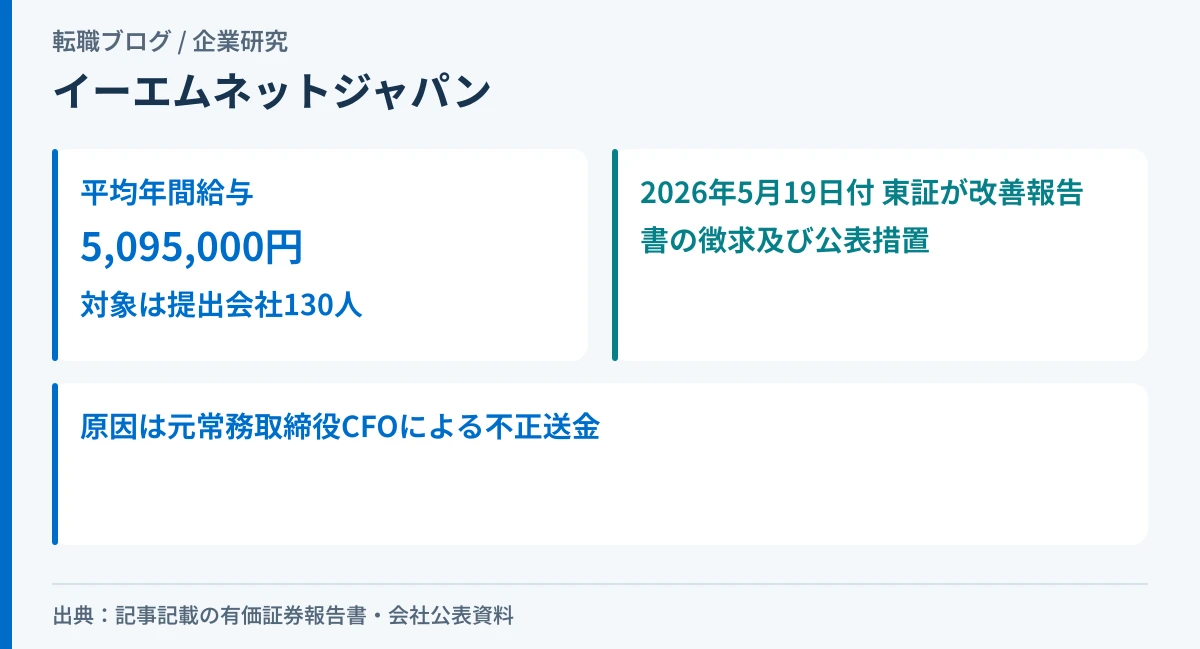 イーエムネットジャパンの平均年間給与510万円と、東証が2026年5月に改善報告書の徴求及び公表措置を実施した事実を示したアイキャッチ画像